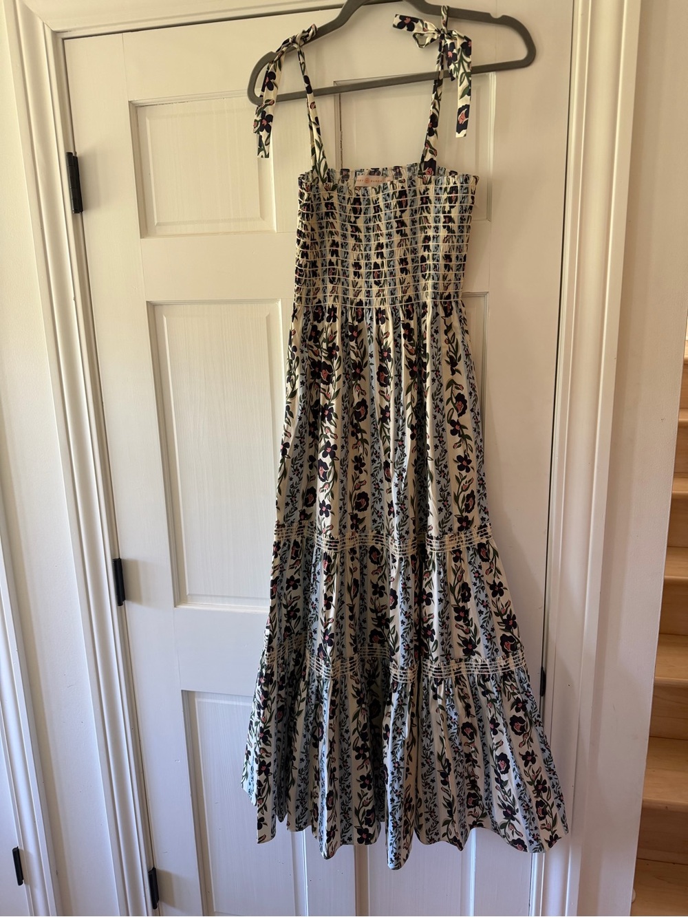 Tory Burch White Floral Tiered Midi Sundress with Navy and Pink Accents
